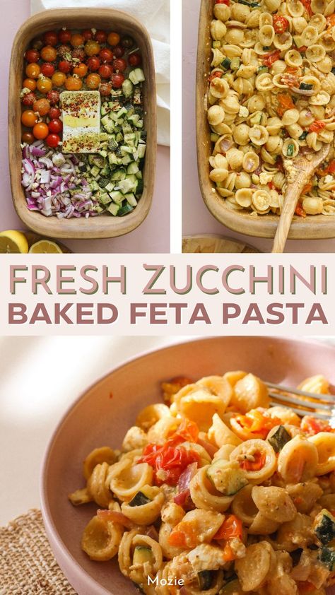 Looking for a meal everyone will love? Try our fresh zucchini baked feta pasta! It's a simple dinner to throw together and only takes 30 minutes to bake! Easy Pasta Recipes Vegetarian, Pasta Cherry Tomatoes, Baked Feta Pasta, Creamy Feta, Fresh Zucchini, Baked Feta, Feta Pasta, Mediterranean Diet Recipes, Pasta Recipe