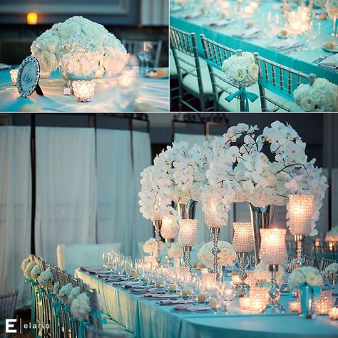 Image result for turquoise silver and white wedding decor White Orchid Centerpiece, White Hydrangea Centerpieces, Tiffany Blue Wedding Theme, Orchid Centerpiece, Tiffany Blue Weddings, Silver Wedding Decorations, Orchid Centerpieces, Tiffany Blue Wedding, Hydrangea Centerpiece