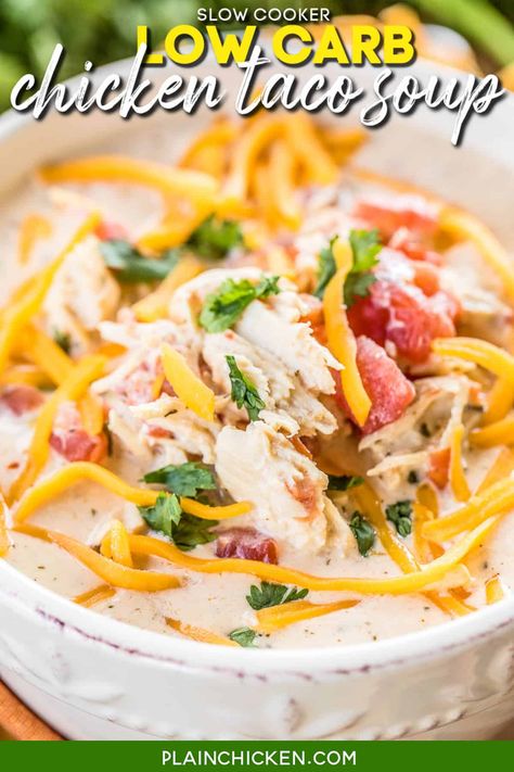 Slow Cooker LOW CARB Chicken Taco Soup - you'll never miss the carbs! This soup is GREAT!!! Chicken, diced tomatoes and green chiles, cream cheese, southwestern seasoning, ranch seasoning and chicken broth. SO easy and tastes AMAZING!!! Can add beans if you aren't watching your carbs. We love to freeze leftovers for a quick meal later. YUM! #slowcooker #chickensoup #lowcarb #tacosoup Low Carb Chicken Taco Soup, Taco Soup Slow Cooker, Rotel Recipes, Soup Slow Cooker, Keto Crockpot Recipes, Ketogenic Meal Plan, Chicken Taco Soup, Plain Chicken, Pasta Primavera