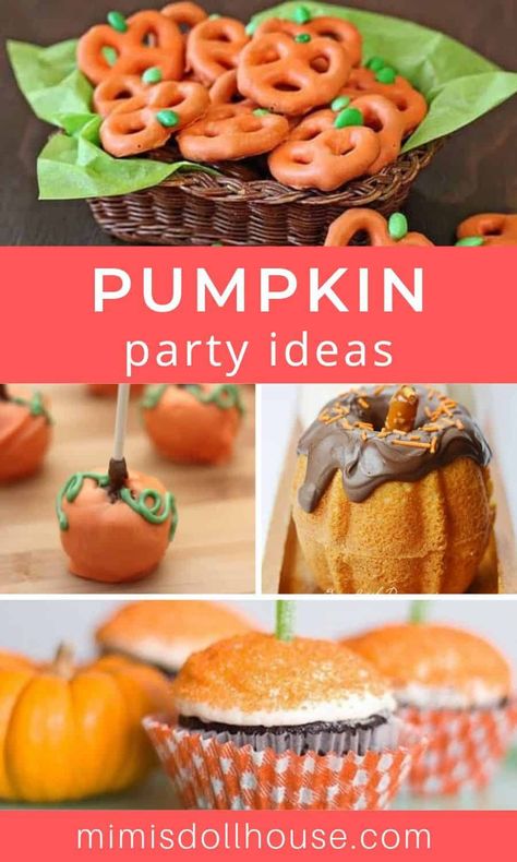 Pumpkin Recipes: Pumpkin Party Food Ideas. Yummy pumpkin recipes and pumpkin desserts to set your pumpkin party apart from the rest!  #fall #autumn #halloween #thanksgiving #pumpkin #parties #baking #desserts #partyideas #kids Food For Pumpkin Themed Party, Food For Pumpkin Carving Party, Pumpkin Birthday Party Food Ideas, Fall Festival Pumpkin Decorating, Pumpkin Party Appetizers, Pumpkin Theme Party Food Ideas, Pumpkin Theme Halloween Party, Pumpkin Desserts For Party, Fruit Pumpkin Tray