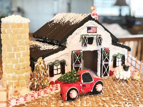 Gingerbread House Farmhouse, Gingerbread Farmhouse Ideas, North Pole Gingerbread House, Farmhouse Gingerbread House, Gingerbread Roof Ideas, Gingerbread Contest Ideas, Farm Gingerbread House Ideas, Gingerbread Barn Ideas, Barn Gingerbread House Ideas