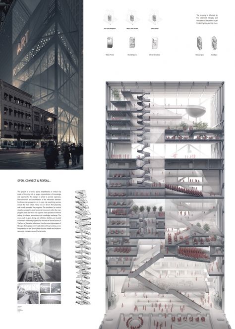 Student Committee Honorable Mention for Functionality: Open, Connect, Reveal by Pavlo Kryvozub Design Board Layout, Architecture Center, Chicago Buildings, Architecture Foundation, Presentation Board Design, Architect Magazine, Architecture Presentation Board, Architecture Panel, Architecture Concept Diagram