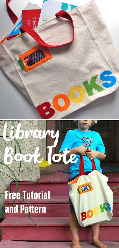 Library Book Tote Tutorial and Pattern Library Book Bags For Kids, Library Bags For Kids, Library Card Holder, Library Bags, Book Bags For Kids, Large Library, Library Book Bag, Library Tote Bag, Library Tote