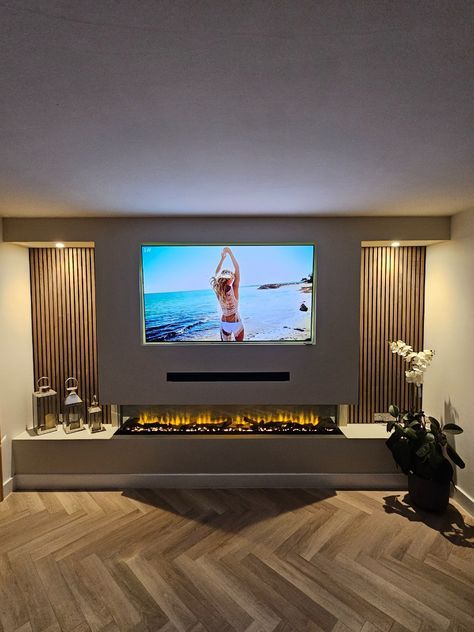 A recent install by one of our approved installers shows what can be achieved with very little cost and effort. What a finish! Media Wall With Wooden Slats, Wooden Slat Media Wall, Media Wall No Fire, Media Wall Ideas Living Room, Tv Wall Frame Ideas, Living Room Tv Wall With Fireplace, Media Wall Living Room, Acoustic Panels Wall Design, Shelving Ideas Bathroom