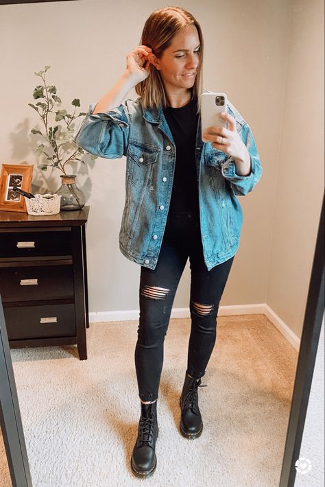 Combat boots style inspo 🥾 All black outfit + denim jacket Blue Jeans Combat Boots Outfit, Denim Jacket Combat Boots Outfit, All Black Outfit With Denim Jacket, All Black Outfit With Blue Jean Jacket, Black Jeans And Combat Boots Outfits, Black Jeans Combat Boots Outfit, Black Lace Up Ankle Boots Outfit, Fall Outfit Black Boots, Denim Jacket And Boots Outfit