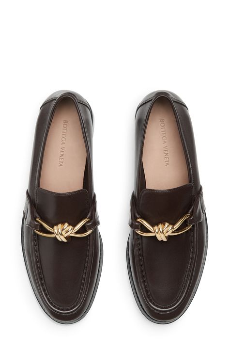 The label's signature knot hardware serves as the shining bit on an elevated loafer crafted from supple napa leather with a raised apron toe. Leather upper, lining and sole Made in Italy Designer Shoes Men Shoe Closet, Vivienne Westwood Loafers, Bottega Veneta Shoes Men, Work Shoes Winter, Loafers Aesthetic, Bottega Veneta Fashion, Male Gifts, Mens Loafer, Designer Loafers