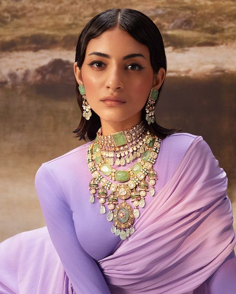 Draped in the colors of dawn, each gem and pearl is a promise of new beginnings. This ensemble isn't just an accessory; it's the dawn of a new narrative. #Polki #PolkiJewellery #Bholasons #BholasonsJewellers #IndianJewellery #JewelleryDesign Pearl Jewellery Indian, Indian Pearl Jewellery, Astha Narang, Jewelry Shoot, Sarees Design, Emerald Jewellery, Simple Saree Designs, Indian Accessories, Indian Outfits Lehenga