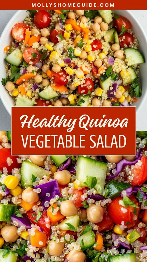 Looking for a nutritious and delicious meal idea? Try this flavorful quinoa vegetable salad recipe! Packed with protein, vitamins, and fiber, this salad is perfect for a healthy lunch or dinner. The combination of quinoa and fresh vegetables creates a satisfying dish that will keep you full and energized. Whether you're vegan, vegetarian, or just looking to eat more plant-based meals, this quinoa vegetable salad is a fantastic option. Vegetable Quinoa Bowl, Garbanzo Quinoa Salad, Chickpeas Quinoa Salad, Quinoa Recipes Lunch Meal Prep, Meatless Salads Protein, Quinoa Chickpea Salad Recipes, Raw Quinoa Recipes, Tasty Quinoa Recipes, Quinoa Tabouli Salad