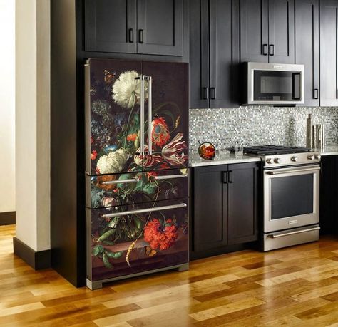 Side Of Refrigerator Ideas, Fridge Decoration Ideas, Vinyl Fridge, Flower Kitchen Decor, Refrigerator Wrap, Fridge Wrap, Fridge Decals, Refrigerator Wraps, Vintage Refrigerator