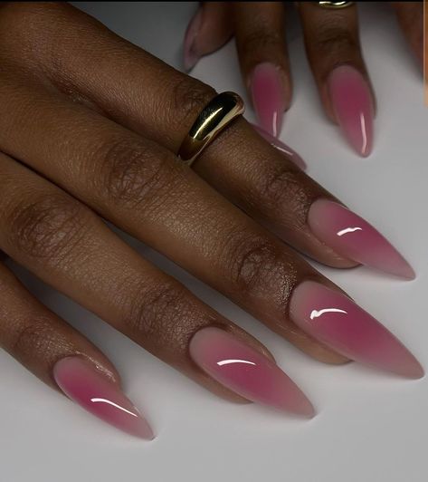 Kylie Almond Nails, Clean Almond Nails Designs, Pink Almond Nails Black Women, Pink Nail With Red French Tip, Minimalist Almond Nail Design Simple, Matte Nails Glossy French Tip, Valentines Ombré Nails, Soft Valentines Nails, Pointed Almond Acrylic Nails