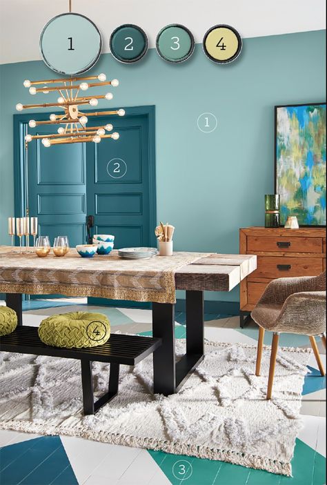 Blues and greens are a foolproof combo because they neighbor each other on the color wheel. Shown here, Behr Paint's Polished Aqua (walls), Wanderlust (doors and trim), Jade Dragon (accent), That’s My Lime (accent). Aqua Walls, Behr Paint, Wood Stains, Paint Companies, Yellow Walls, House Paint, Paint Colours, Grey Walls, Wall Color