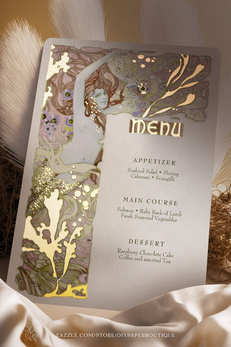 Menu Vintage Mermaid Art Nouveau Foil Invitation Art Nouveau Champagne, Fonts Wedding Invitation, Wedding Invitations Artistic, Mystical Garden Wedding, Art Deco Invitation Design, Wedding Invitations Art Deco, Menu Art, Art Nouveau Card, Information Card Design