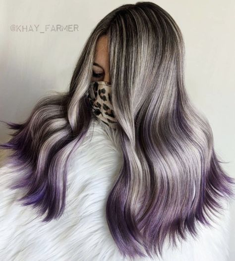 Grey Hair With Purple Tips, Smokey Amethyst Hair Color, Silver Hair With Purple, Blue Pastel Hair, Silver And Purple Hair, Purple And Silver Hair, Purple Gray Hair, Dark Purple Highlights, Hair Styles Hacks