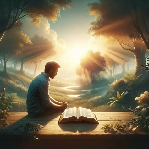 Create an inspiring image depicting a person in a tranquil, natural setting, symbolizing peace and hope amidst adversity. The setting should include a serene landscape with soft sunlight filtering through trees. The person is holding an open Bible, looking thoughtful and uplifted. The scene should convey a sense of comfort, assurance, and a strong connection with God. The image aims to visually represent the concept of finding hope in God during personal trials, as mentioned in Romans 15:13. Open Bible Image, Saturday Morning Prayers, Love In Bible, Sunday Morning Prayer, Heavenly Art, Peace Bible Verse, Bible Photos, Connection With God, Open Bible