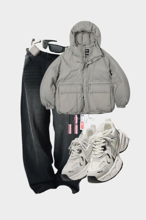 outfit inspo, outfit ideas, invierno, fall/winter, school, y2k, aesthetic, clean girl, vintage, streetwear | dark gray grey black low waist oversized baggy denim jeans, vintage gray gray oversized hooded puffer jacket, basic white sneakers, airpods, black sunglasses, dior lip oil, maybelline skyhigh mascara Gray Puffer Jacket Outfit, Grey Puffer Jacket Outfit, Skyhigh Mascara, Basic White Sneakers, Grey Jacket Outfit, Airpods Black, Dior Lip Oil, Puffer Outfit, Grey Puffer Jacket