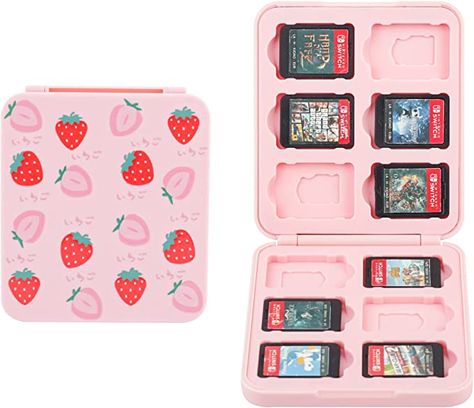 Strawberry Card, Kirby Games, Pattern Game, M&m Game, Pink Games, Nintendo Switch Case, Game Storage, Strawberry Pattern, Nintendo Switch Accessories