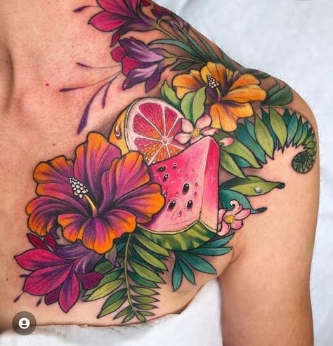 Jungle Plants Tattoo, Jungle Back Tattoo, Jungle Tattoos, Tropical Flower Tattoos, Watermelon Tattoo, Montreal Tattoo, Jungle Tattoo, Tropical Tattoo, Collarbone Tattoo