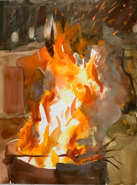 Fire Painting Reference, How To Paint Fire Watercolor, Paintings Of Fire, How To Paint Fire, Watercolour Fire, Arson Aesthetic, Fire Paintings, Fire Watercolor, Conte Drawing