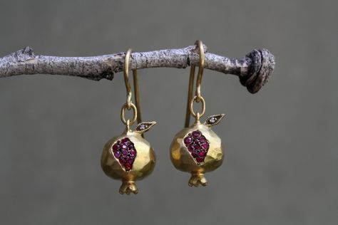 22K Recycled Gold Pomegranate Earrings with Ethically Sourced Rubies and Diamonds // #CWwishlist #handmadejewelry #recycledmetal #fairtradestones #ethicallysourceddiamonds #cathywaterman #earring #wedding #diamond #gold #22K Pomegranate Earrings, Pomegranate Jewelry, Cathy Waterman, Michigan Usa, Pretty Jewellery, 22k Gold, Turquoise Jewelry, Granada, Cute Jewelry