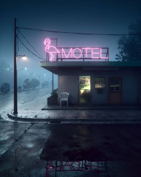 Motel  #night #neon  #aesthetic #1980s #vaporwave Foggy Night, Neon Noir, New Retro Wave, Cyberpunk City, Neon Aesthetic, Cinematic Photography, Futurism, Night Aesthetic, City Aesthetic