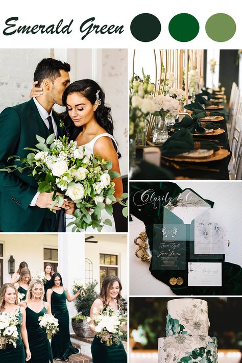 October Velvet Bridesmaid Dresses, Short Wedding Dress With Bridesmaids, Emerald And Moss Green Wedding, 2023 Rustic Wedding Trends, Emerald Green And Black Centerpieces, Emerald Green And Ivory Wedding Theme, Christmas Wedding Emerald Green, Spring Wedding By Water, Trending Wedding Themes 2023