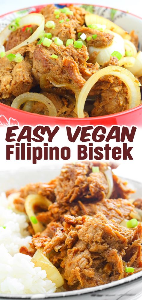 Vegan Bistek, a plant-based variation of a famous Filipino dish, is a delicious delight. This vegan version of Bistek, made with tender soy protein, tangy citrus marinade, and caramelized onions, is a tasty and satisfying alternative. Enjoy the rich flavors and heritage of this veganized Filipino staple, which is ideal for both meat eaters and plant-based fans! Filipino Beef Steak Recipes, Filipino Bistek, Beef Steak Recipe, Bistek Tagalog, Vegan Filipino, Citrus Marinade, Vegan Steak, Vegan Beef, Beef Steak Recipes