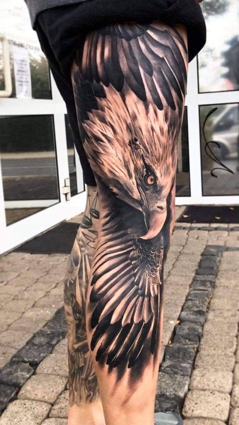 Bald Eagle Tattoos, Best Leg Tattoos, Hawk Tattoo, Animal Sleeve Tattoo, Full Leg Tattoos, Tattoo Leg, Full Sleeve Tattoo Design, Tattoo Inspiration Men, Eagle Tattoos