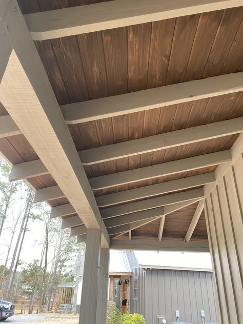 Love these exposed rafters for the porch! Patio Ceiling Ideas, Porch Beams, Cedar Beams, Exposed Wood Ceilings, Timber Frame Porch, Porch Canopy, Porch Interior, Exposed Rafters, House Front Porch