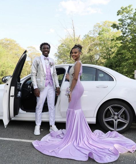 Gray And Pink Prom Couple, Purple And Grey Prom Couple, Matching Suit And Dress, Lilac Prom Couple, Lavender Prom Couple, Grey Suit Prom, Pink Prom Couple, Purple Prom Suit, Pink Prom Suit