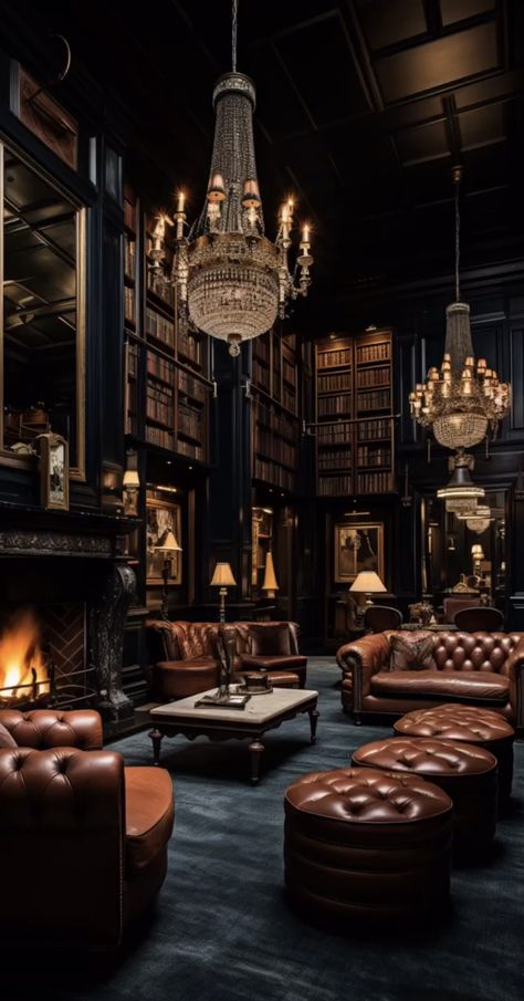 Old World Luxury, Gentlemen’s Club Decor, Dark Classic Interior Design, Man Cave Library Study, Basement Whiskey Lounge, Wine And Whiskey Room, Gentlemans Club Decor, Luxury Club Aesthetic, Vintage Speakeasy Aesthetic