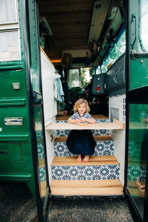 187-Square-Foot Converted Skoolie Tour Photos | Apartment Therapy Skoolie Nursery, Off Grid Skoolie, Skoolie Conversion Ideas, Family Skoolie, School Bus Tiny House, School Bus Camper, School Bus House, Converted School Bus, Bus Ideas