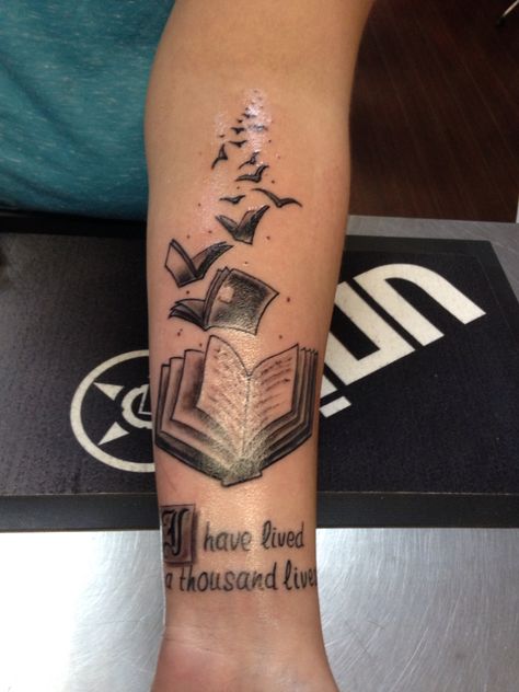 I have lived a thousand lives Lived A Thousand Lives Tattoo, I Have Lived A Thousand Lives Tattoo, Couple Tats, Couple Tat, Book Tattoos, Kate Stewart, Stephen Sondheim, Bookish Tattoos, Clever Tattoos