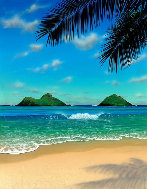 Hawaii Painting Beach Scene Paradise Beautiful Beach Paintings, Hawaii Beach Painting, Hawaii Painting Ideas, Beach Scenes Photography, Painting Beach Scenes, Sea Beach Painting, Tropical Beach Painting, Hawaii Art Print, Hawaii Painting