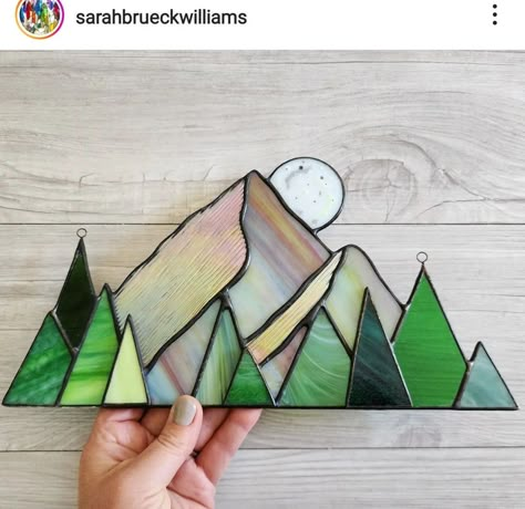 Fused Glass Mountains, Stained Glass Ideas For Beginners, Fall Stained Glass Ideas, Stained Glass Mountains, Stained Glass Landscape, Nature Pottery, Stained Glass Succulent, Stain Glass Window Art, Stained Glass Mirror