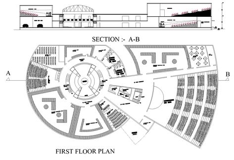 Cultural centre plan. Front elevation of a dimensional plan. Floors indicated different utilizations. It may be a conference room, waiting area, stairs, wide corridor, electrical room, permanent exhibition hall, seminar hall, storage area,etc., Convention Center Design, Cultural Center Architecture, Art Museum Architecture, Hall Storage, Maquette Architecture, Exhibition Plan, Corporate Building, Museum Plan, Concept Models Architecture