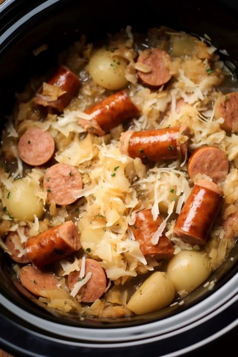 Crockpot Polish Sausage, Sauerkraut And Potatoes - That Oven Feelin Kolbassi And Sauerkraut, Polish Sausage Potatoes And Sauerkraut, Brats Potatoes And Sauerkraut, Sausage Sauerkraut Potatoes Crockpot, Polish Sausage Sour Kraut And Potatoes, Crockpot Potatoes And Kielbasa, Crockpot Polish Sausage And Potatoes, Kielbasa Sauerkraut And Potatoes, Sausage And Sauerkraut Recipes