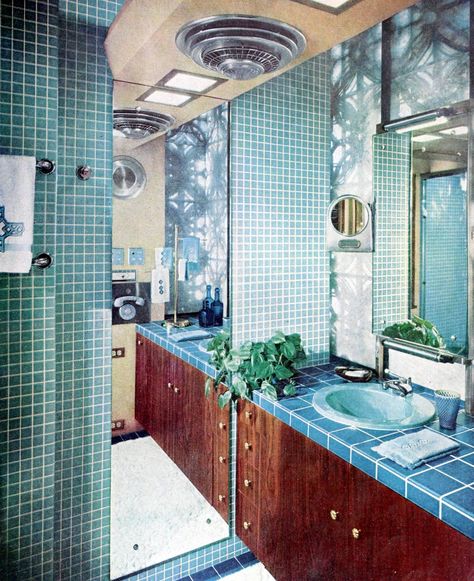 60s Blue Tile Bathroom, 70s Bathroom Tile, 70s Blue Bathroom, Vintage Bathroom Tiles, Retro Tile Bathroom, 60’s Bathroom, 1960 Bathroom, Eclectic Bathrooms, 1960s Homes