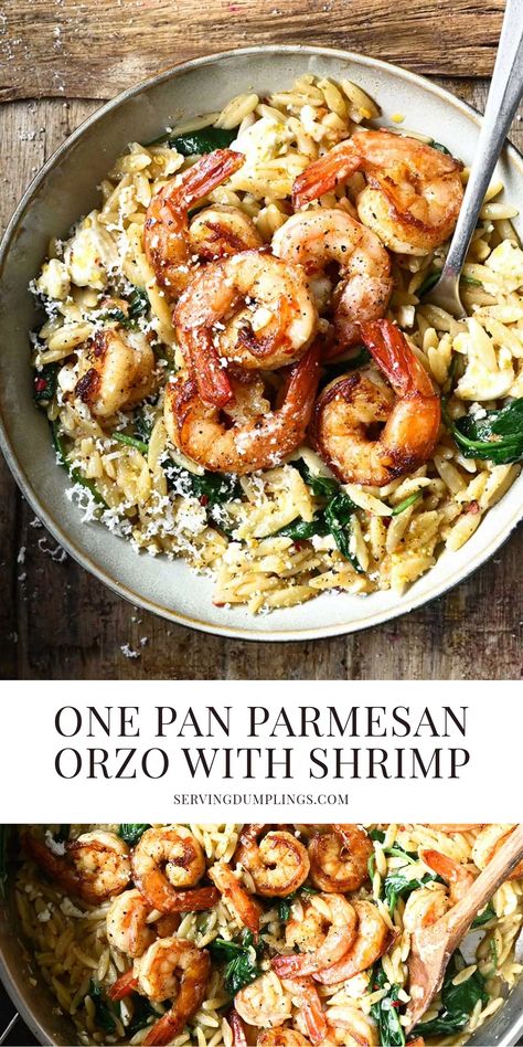 One Pan Parmesan Orzo with Shrimp Orzo Shrimp Asparagus, Fish With Orzo, Orzo Seafood Recipes, Shrimp One Pan Recipes, Dash Diet Shrimp Recipes, Orzo Recipes Shrimp, Seafood Orzo Recipes, Scallops And Orzo Recipe, Sides For Shrimp Dinner