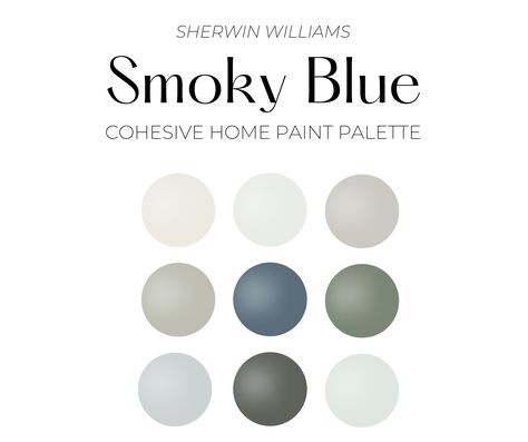 Complimentary Paint Colors, Sherwin Williams Smoky Blue, Sherwin Williams Misty, Blue Paint Color Palettes, Blue Paint Palette, Whole House Paint Palette, Coastal Blue Paint, House Paint Palette, Accent Paint