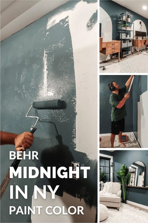 Behr Midnight in NY is a beautiful moody navy green that is the perfect shade for adding depth and drama to a room. Learn all about Behr Midnight in NY in this complete review. Deep Teal Behr, Midnight In New York Behr Paint, Behr Midnight Show, Behr Paint Colors Black Evergreen, Midnight In New York Behr, Behr Midnight In Ny, Midnight Show Behr, Mcm Paint Colors Behr, Behr Green Meets Blue