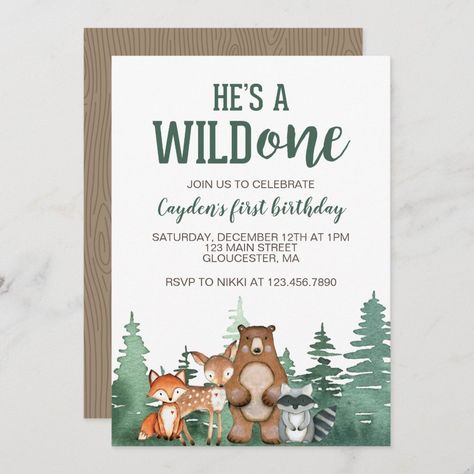 Wild One Woodland Animal First Birthday Invitation | #wildone #boy #firstbirthday #forrest #trees #woodlandanimals #bear #fox #deer #raccoon Animal First Birthday, 1st Birthday Boy Themes, Baby First Birthday Themes, Woodland Animal Birthday, Wild Birthday Party, Wild One Birthday Invitations, Boys First Birthday Party Ideas, Woodland Birthday Party, Wild One Birthday Party