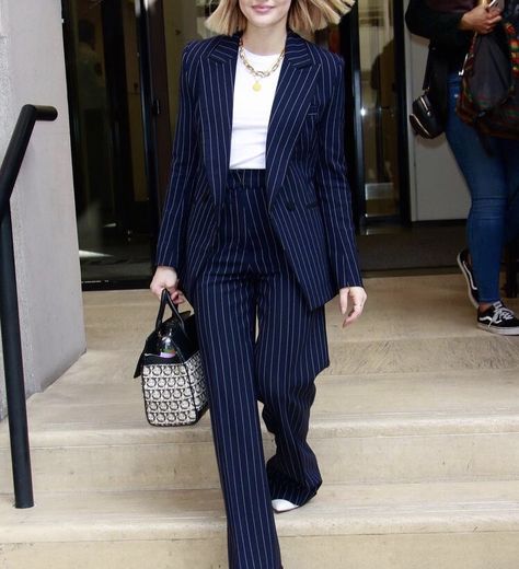 Blue Pinstripe Suit Women, Navy Pinstripe Suit Women, Navy Blue Striped Pants Outfit, Dark Blue Trousers Outfit Women, Dark Blue Suit For Women, Tomboy Prom Outfits, Dark Blue Trousers Outfit, Blue Pinstripe Pants Outfit, Resort Uniform