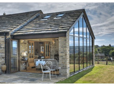 Completed External Photo Barn House Conversion, Cottage Extension, Garden Room Extensions, Contemporary Barn, Glass Extension, Modern Barn House, House Extension Design, Glass Walls, Barn Conversion