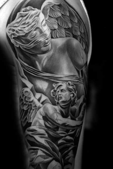 40 Angel Statue Tattoo Designs For Men - Carved Stone Ink Ideas Greek God Tattoo, Kunst Tattoos, Statue Tattoo, Greek Mythology Tattoos, God Tattoos, Celtic Tattoo, Angel Tattoo Designs, Mythology Tattoos, Greek Tattoos