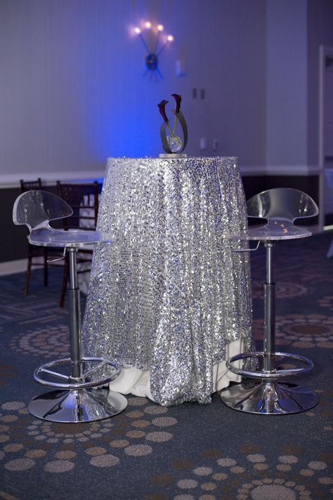 AFR Event Furnishings' acrylic stools - www.afrevents.com Disco Glam Party Table Decorations, Sequin Wedding Table, Sequin Royal Blue Table, Blue Sequin Table Cloth, Silver Party Decorations, Cocktail Party Decor, Bling Party, 18th Birthday Decorations, Sequin Table