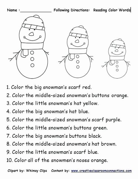 25 Follow Directions Worksheet Kindergarten | Softball Wristband Template Directions Worksheet, Winter Unit, Color Words, Winter Classroom, Winter Kindergarten, Winter Preschool, Speech Activities, Christmas School, Following Directions