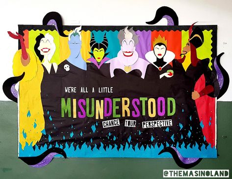 Disney Villains Classroom Theme, Disney Villains Bulletin Board, Disney Library Theme, Disney Themed Classroom Doors, Disney Classroom Theme Middle School, Coraline Bulletin Board, Disney Villains Halloween Decorations, Disney Halloween Bulletin Boards, Disney Bulletin Board Ideas