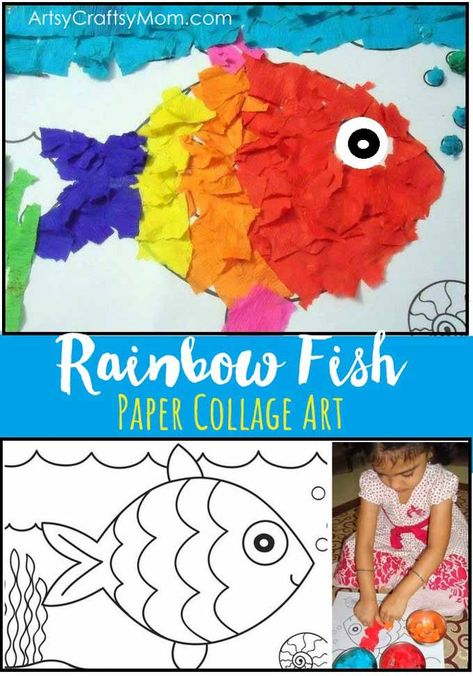 Rainbow Fish Crepe Paper Collage Art via @artsycraftsymom Collage Art For Kindergarten, Collage Art For Preschoolers, Kindergarten Collage Art, Kids Collage Art, Kolaj Art Ideas For Kids, Kids Collage Ideas, Crepe Paper Crafts For Kids, Kolaj Art Ideas, Paper Collage Art For Kids