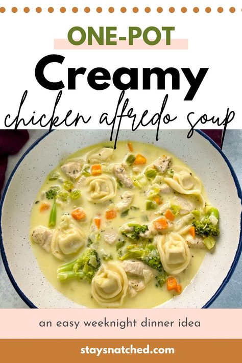 If you are a cream sauce and alfredo fan you are going to love this Creamy Tortellini Chicken Alfredo Soup. This one-pot meal is made with a homemade sauce and packed with a few vegetables making it perfect for meal prep and weeknight dinners. Chicken Alfredo Soup Recipe, Chicken Alfredo Soup, Alfredo Soup, Soup With Tortellini, Tortellini Chicken, Creamy Chicken Alfredo, Creamy Tortellini, Creamy Chicken Soup, Filled Pasta