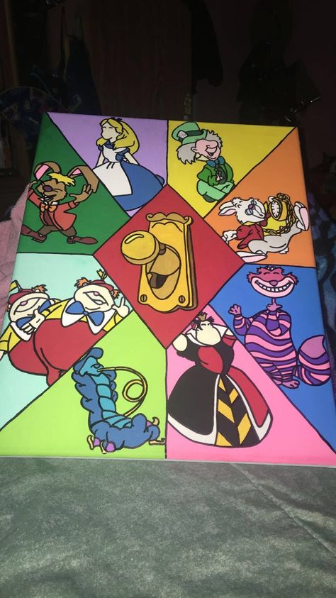 Trippy Disney Paintings, Big Canvas Painting Ideas Disney, Alice In Wonderland Canvas Painting Easy, Nightmare Before Christmas Drawing Ideas, Alice In Wonderland Painting Ideas, Nerdy Painting Ideas, Canvas Painting Ideas Disney, Alice In Wonderland Canvas Painting, Disney Character Paintings